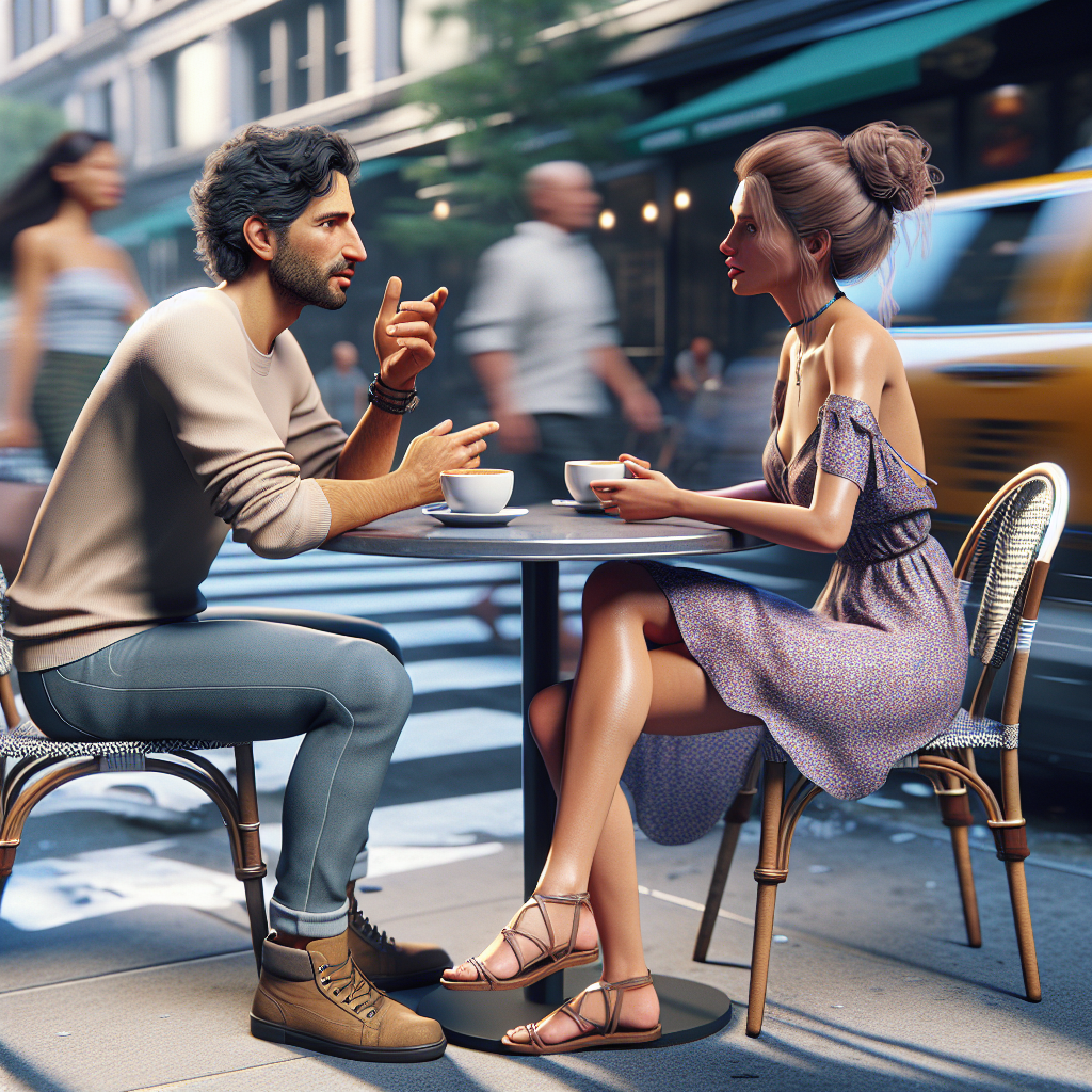 A couple sitting at a cafe discussing their personal boundaries with open expressions