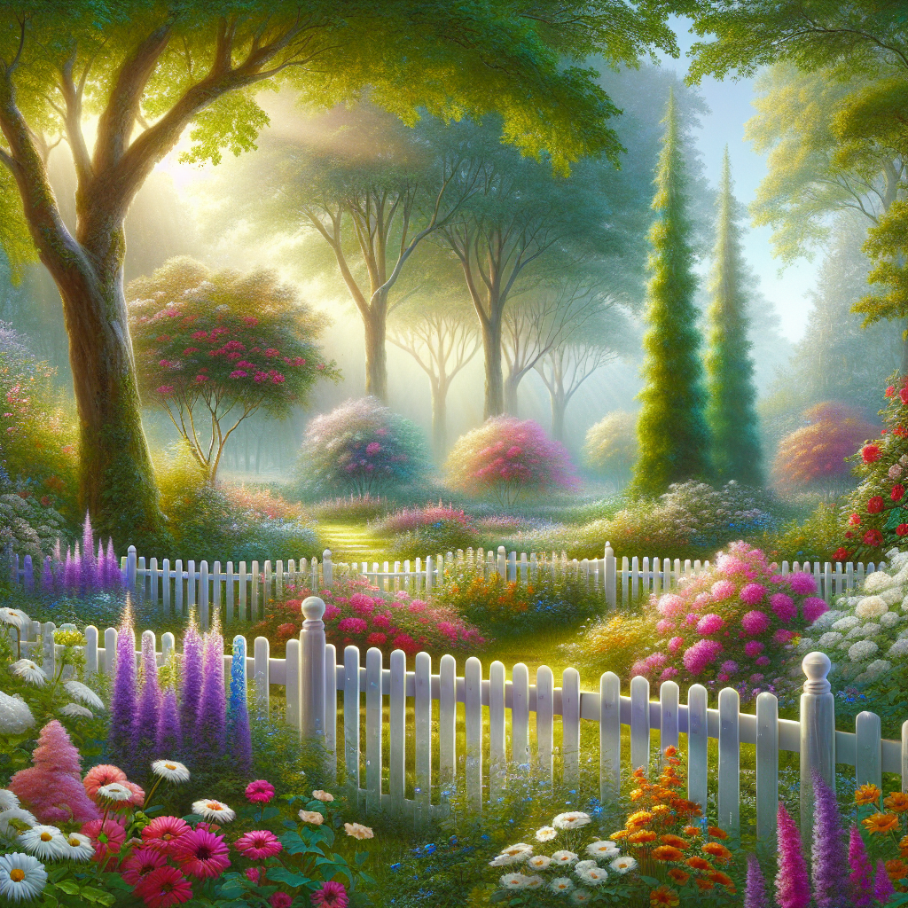 A serene garden with a white picket fence symbolizing healthy relationship boundaries, lush flowers blooming inside the fence, with soft sunlight filtering through trees
