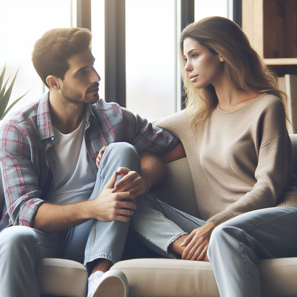 A couple sitting together on a couch discussing their relationship boundaries with open body language