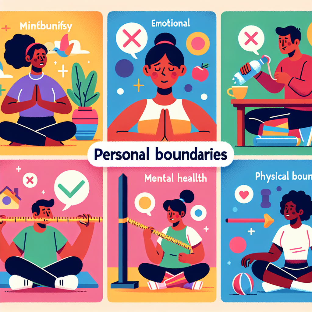 A colorful illustration showing different types of personal boundaries like emotional, mental health, physical, illustrated with fun characters engaging in self-care activities