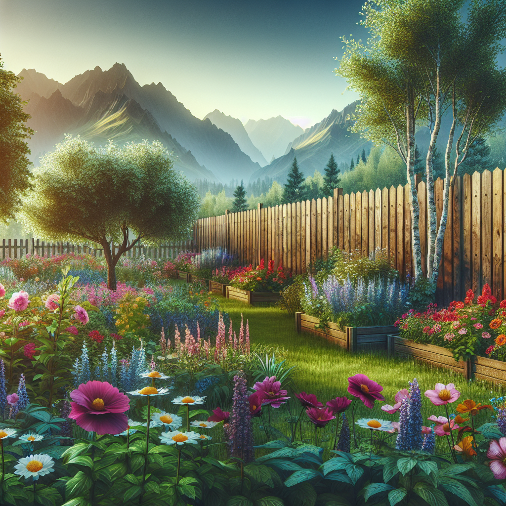 A serene garden surrounded by a wooden fence symbolizing personal boundaries, with blooming flowers representing self-care practices