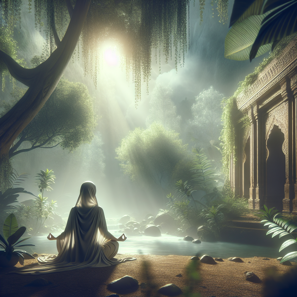 A serene woman meditating in nature surrounded by ethereal light