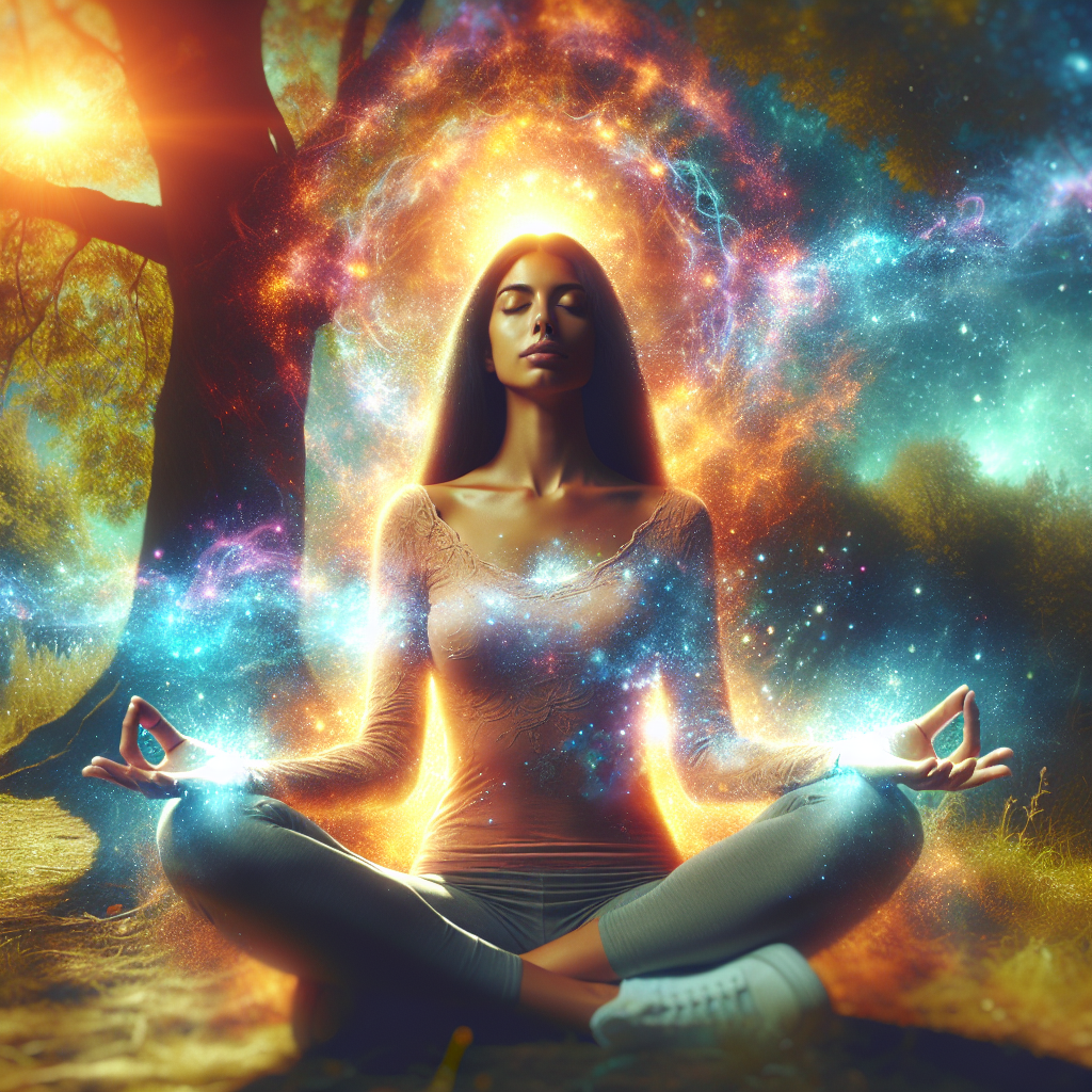A serene woman meditating in nature, surrounded by vibrant cosmic energy, symbolizing spiritual awakening