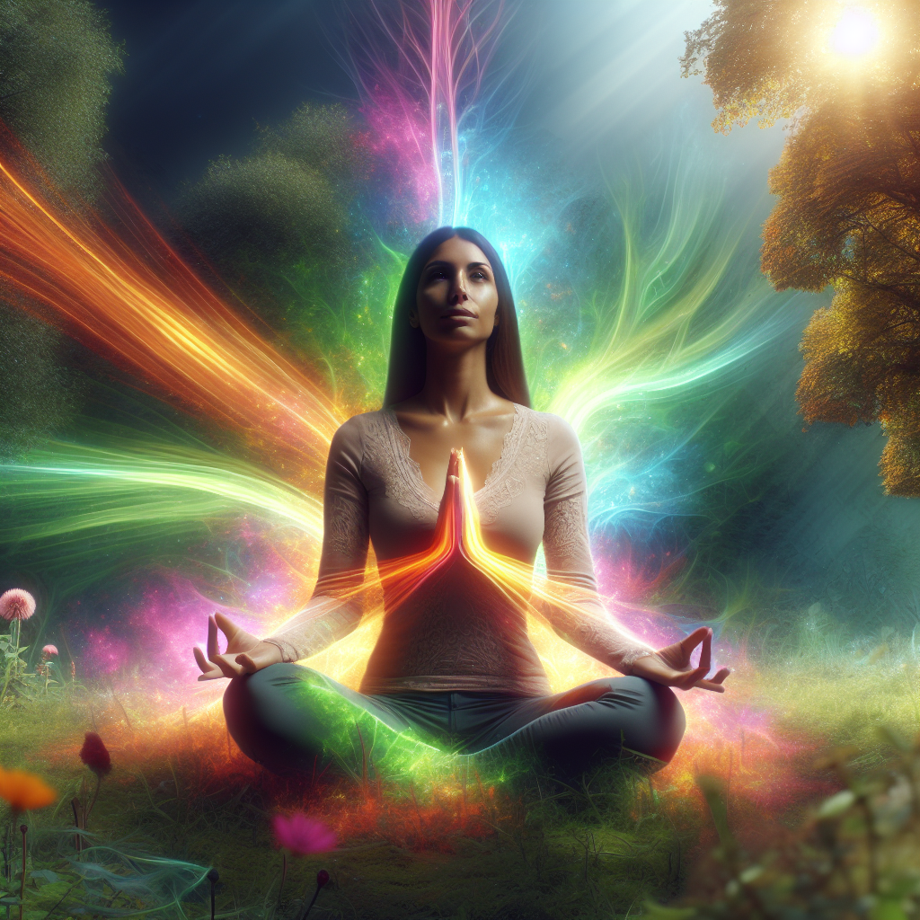 A serene woman meditating in nature surrounded by vibrant colors representing energy flow