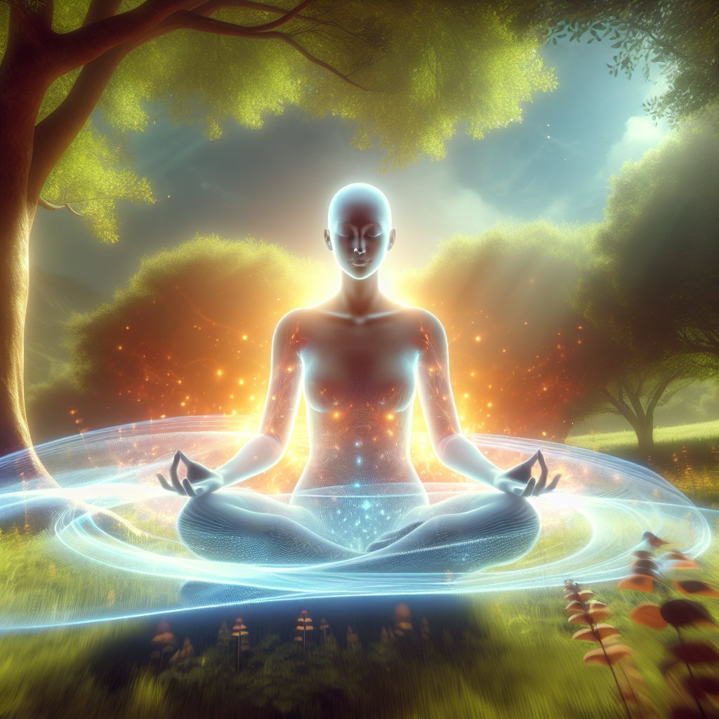 A serene woman meditating in nature with vibrant energy flowing around her
