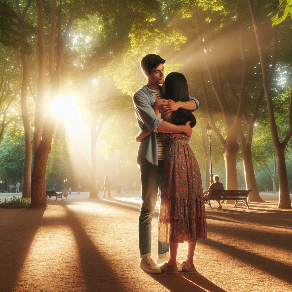A serene scene depicting two friends sharing an affectionate hug in a sunlit park