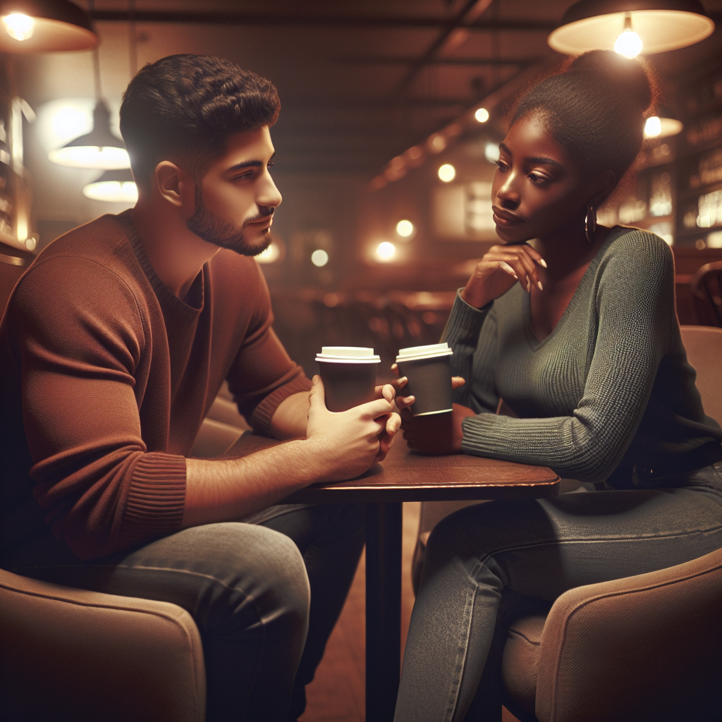 A cozy coffee shop scene where two friends are having a heartfelt conversation about setting boundaries in their friendship