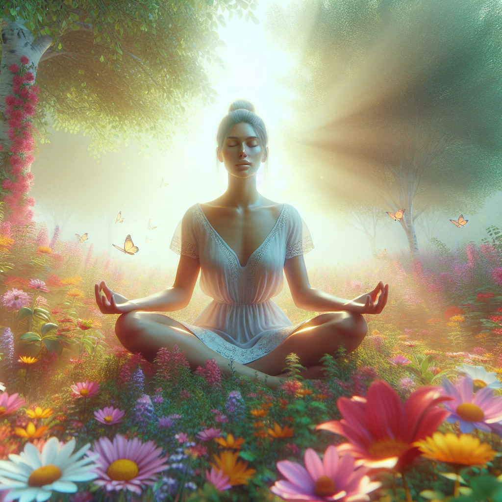 A serene woman meditating in nature surrounded by vibrant flowers and soft sunlight