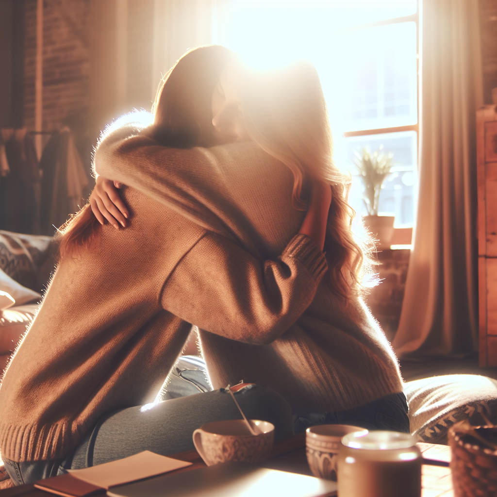 A warm and cozy scene of two friends sharing an affectionate hug in a sunlit room