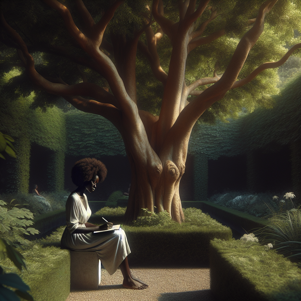 A serene woman sitting in a peaceful garden, journaling her thoughts under a tree