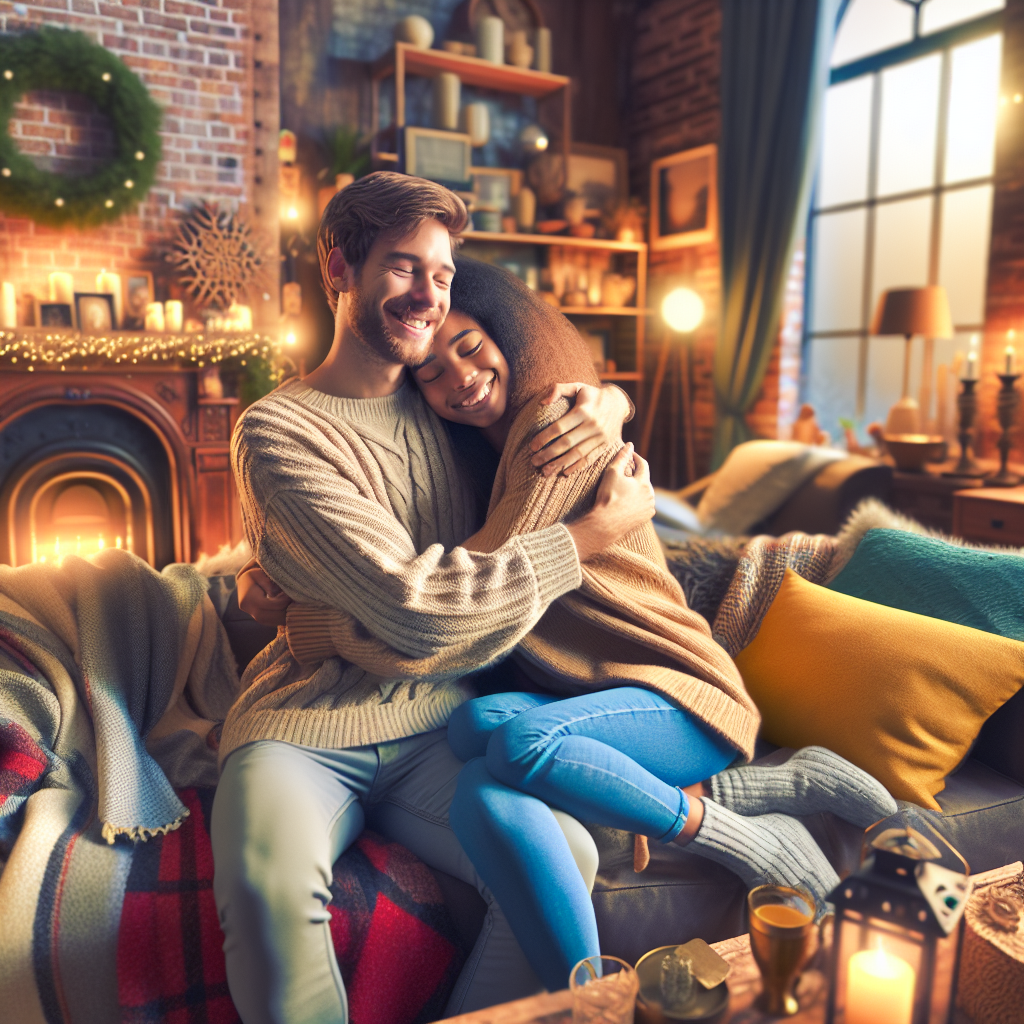 A warm scene depicting two friends sharing an affectionate hug in a cozy living room