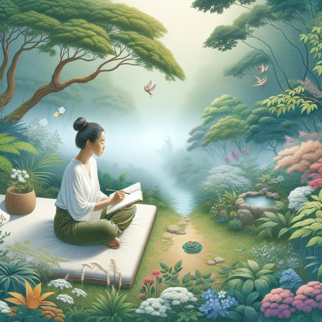 A woman sitting peacefully in nature, journaling with a serene expression, surrounded by trees and flowers