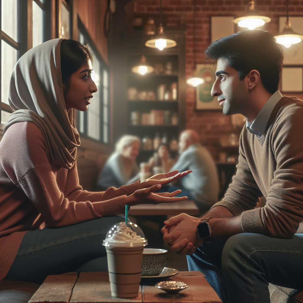 A warm illustration of two friends having an open conversation in a cozy cafe setting, showing empathy and understanding