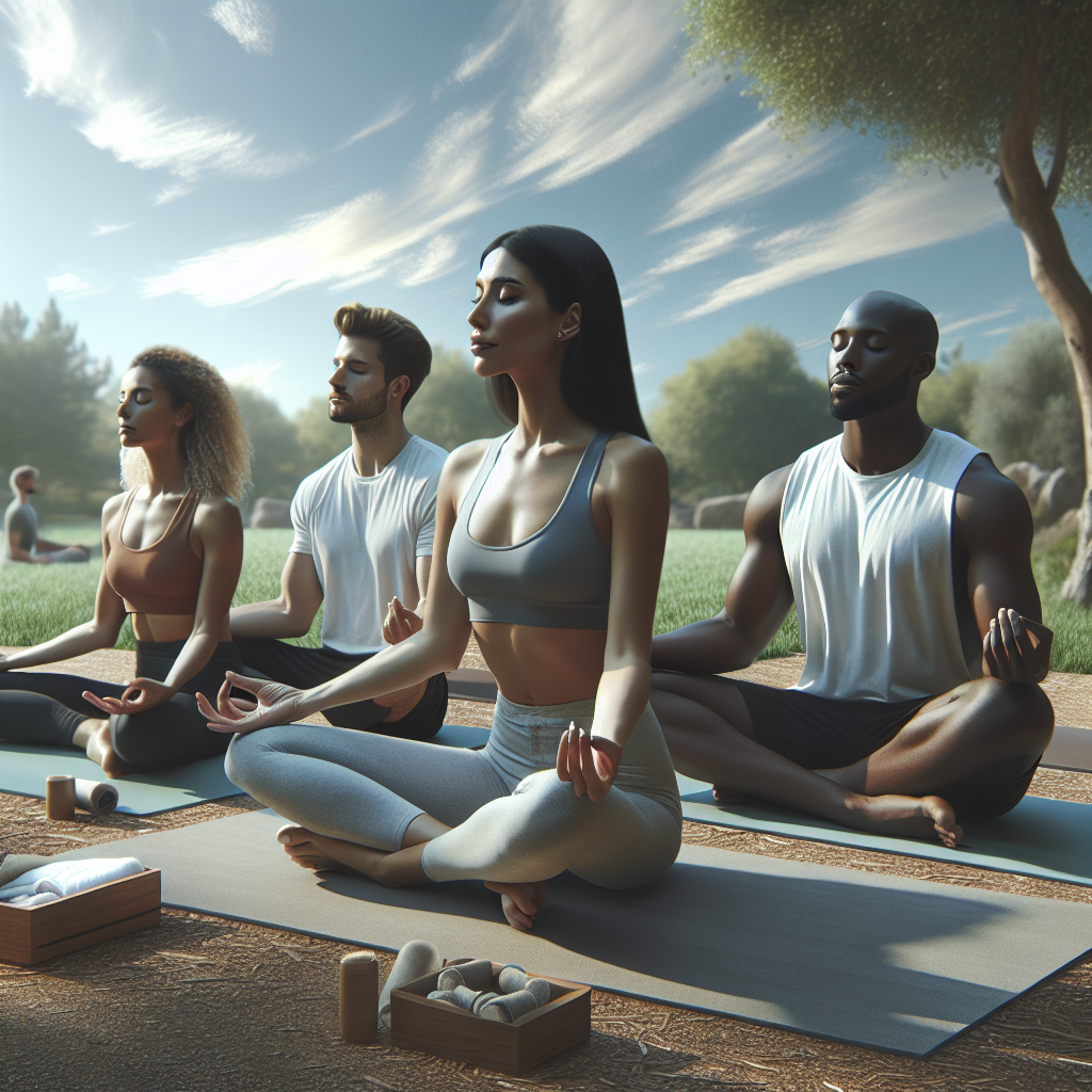 A serene scene depicting self-care activities among friends, such as yoga and meditation in a park setting