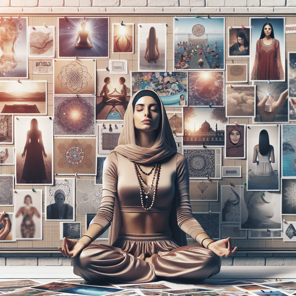 A modern woman meditating with a vision board filled with images of her dreams