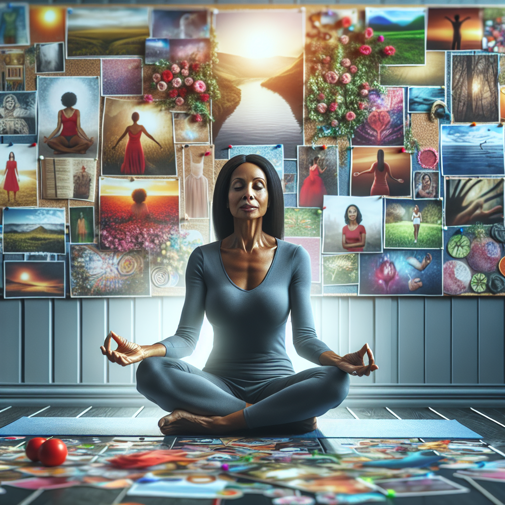 A woman meditating with a vision board filled with dreams and goals around her