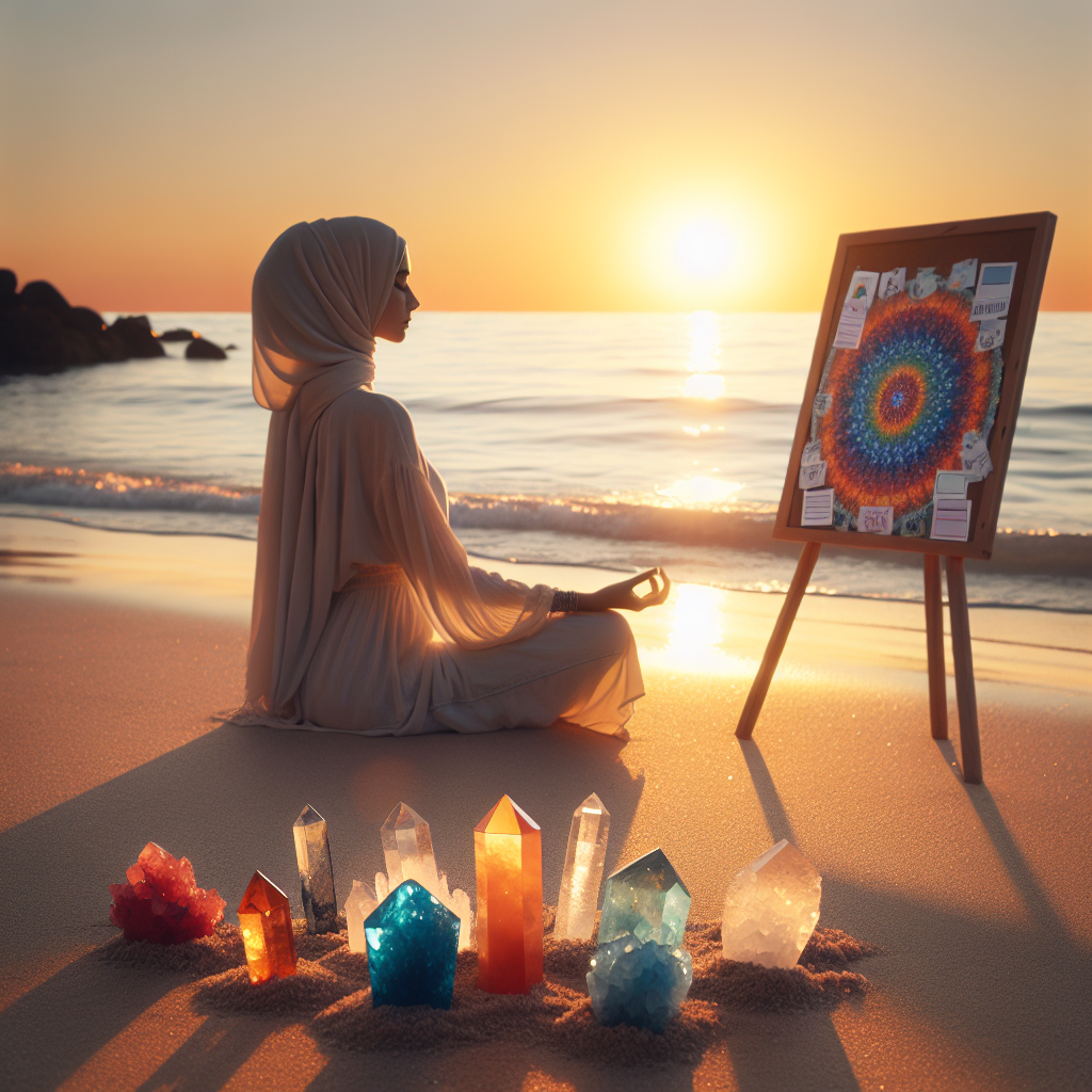 A serene woman meditating by a beach at sunset, surrounded by symbols of manifestation like crystals and vision boards