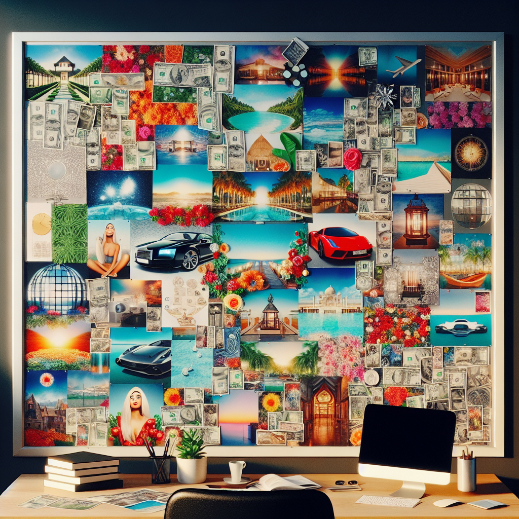 A vibrant vision board filled with inspiring images and words representing success and abundance