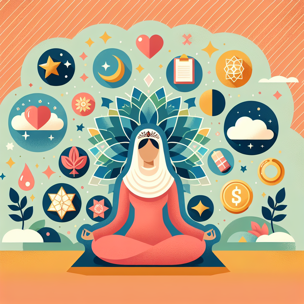 A whimsical illustration of a woman meditating with a vision board filled with dreams like love, wealth, and health