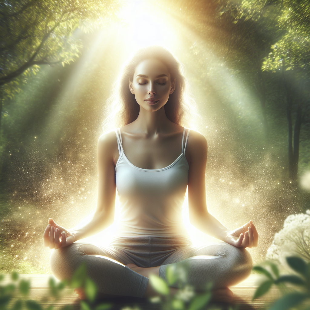 A serene woman meditating in nature surrounded by glowing light representing abundance and positivity