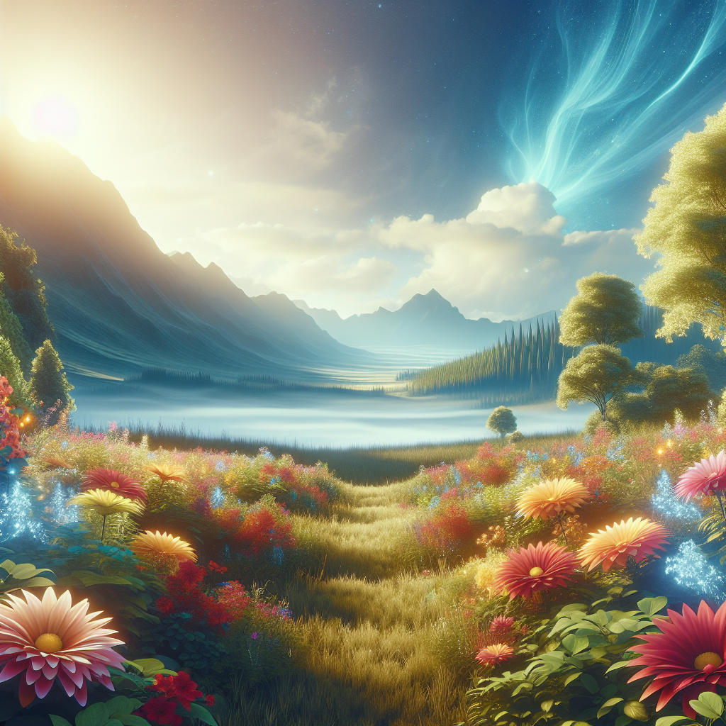 A serene landscape with vibrant flowers representing growth and abundance, symbolizing positive thinking and manifestation techniques