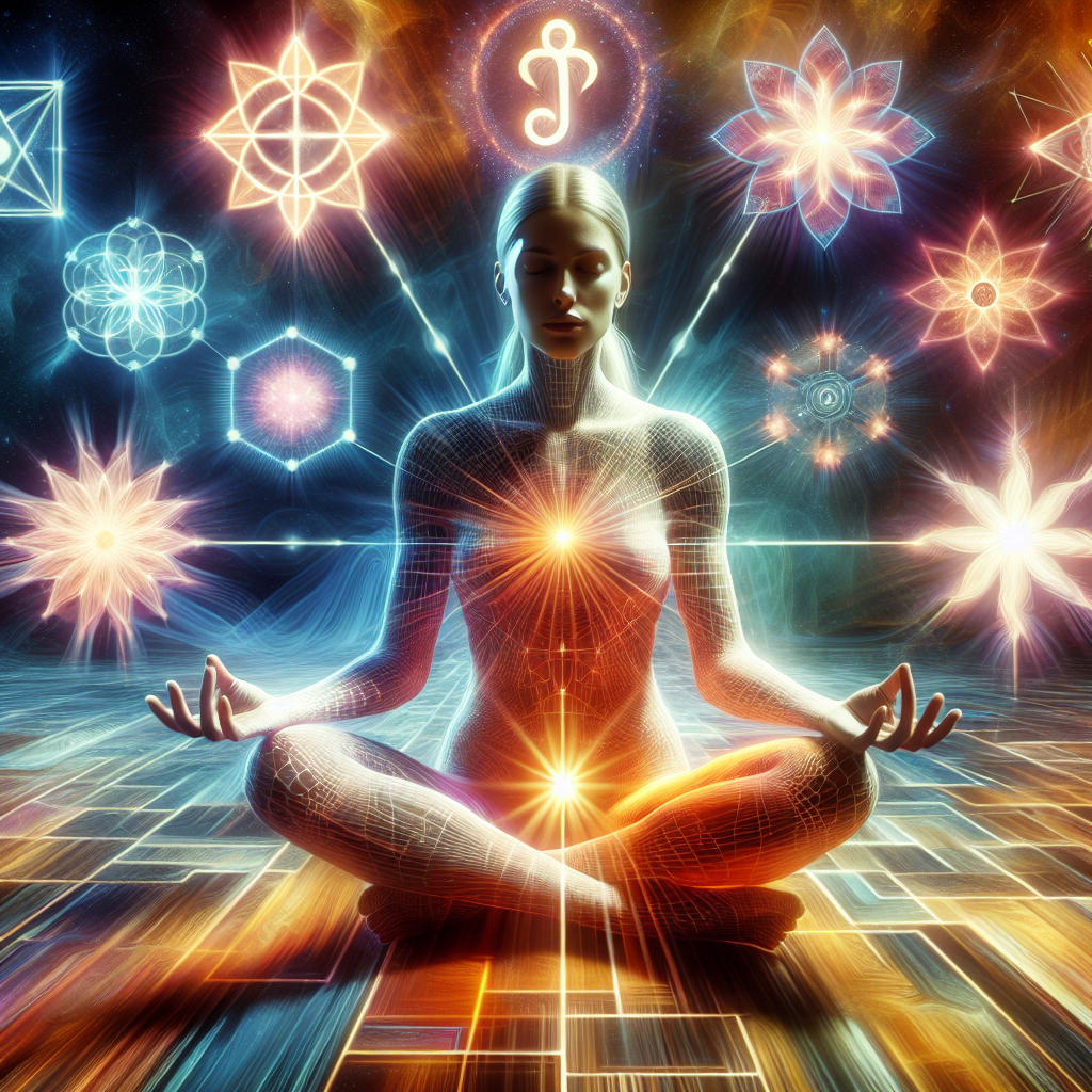 A serene woman meditating surrounded by glowing symbols representing abundance and love