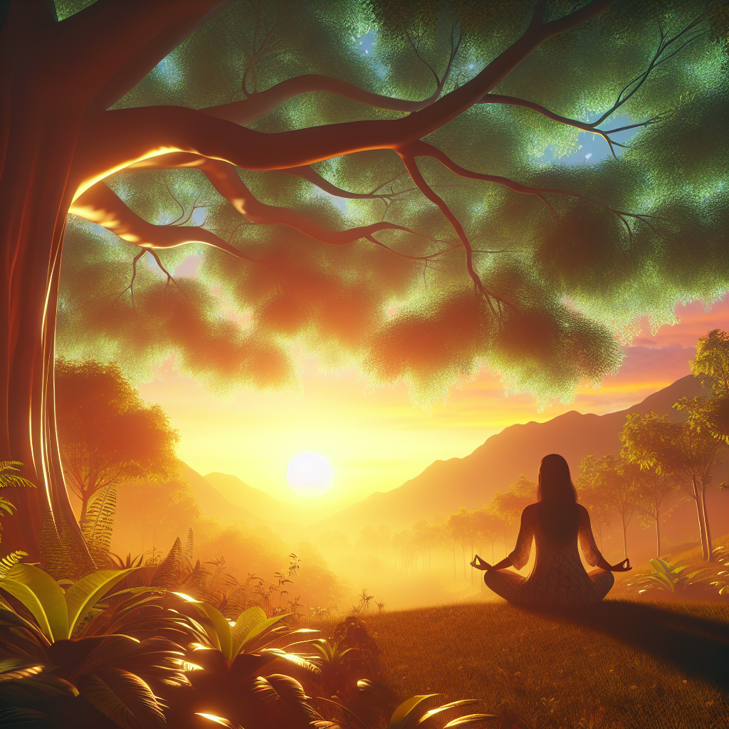 A serene landscape with vibrant colors symbolizing high vibration energy, featuring a woman meditating under a tree