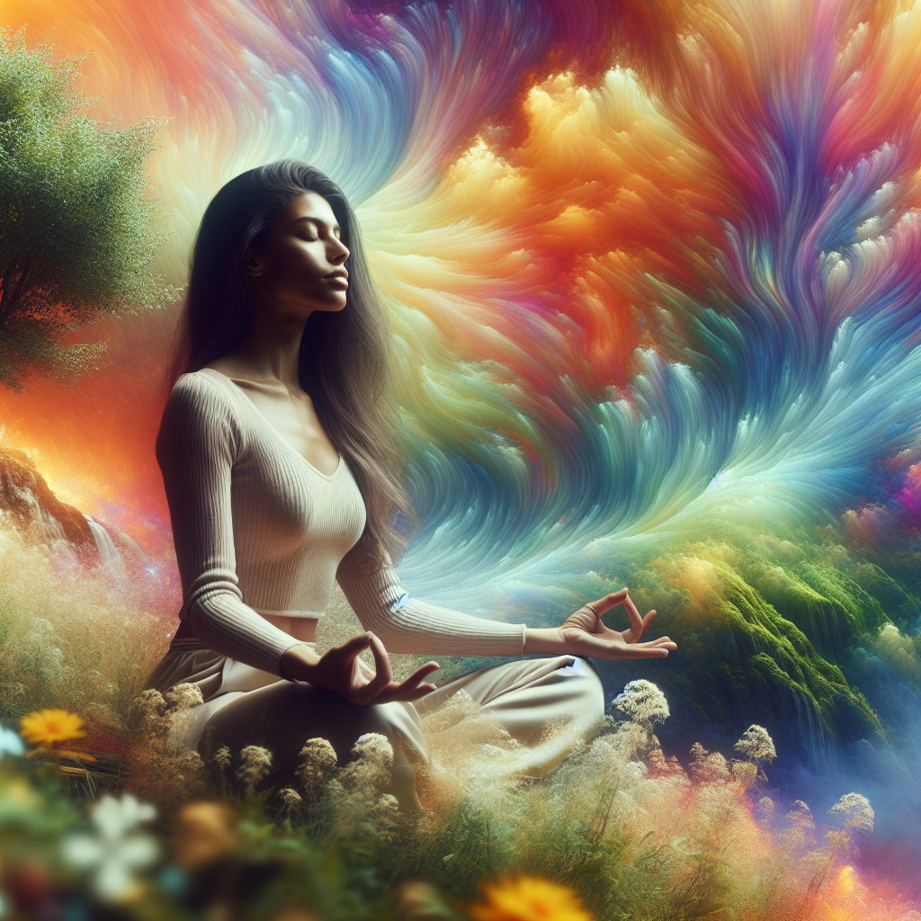 A serene woman meditating in nature surrounded by vibrant colors symbolizing positive energy