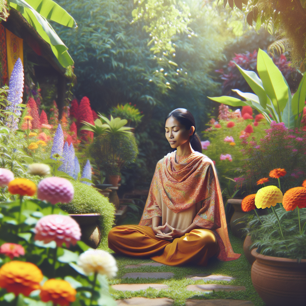A serene woman meditating in a peaceful garden surrounded by vibrant flowers, embodying empowerment through positive affirmations
