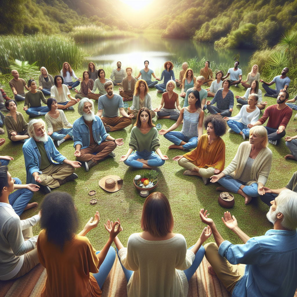 A vibrant gathering of diverse individuals engaged in meditation and energy healing outdoors, showcasing joy and connection