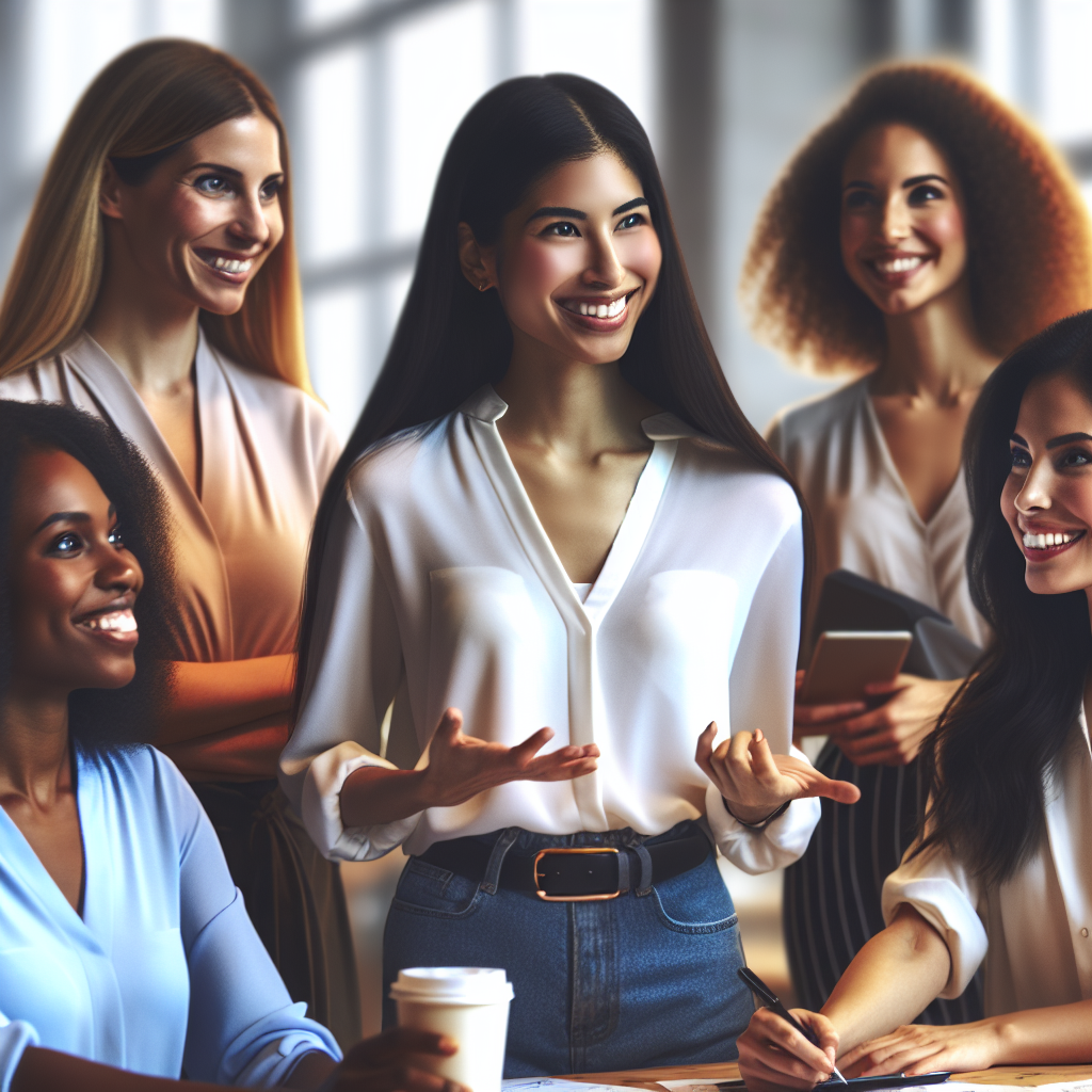 A diverse group of confident women engaging in a workshop setting, smiling and participating actively