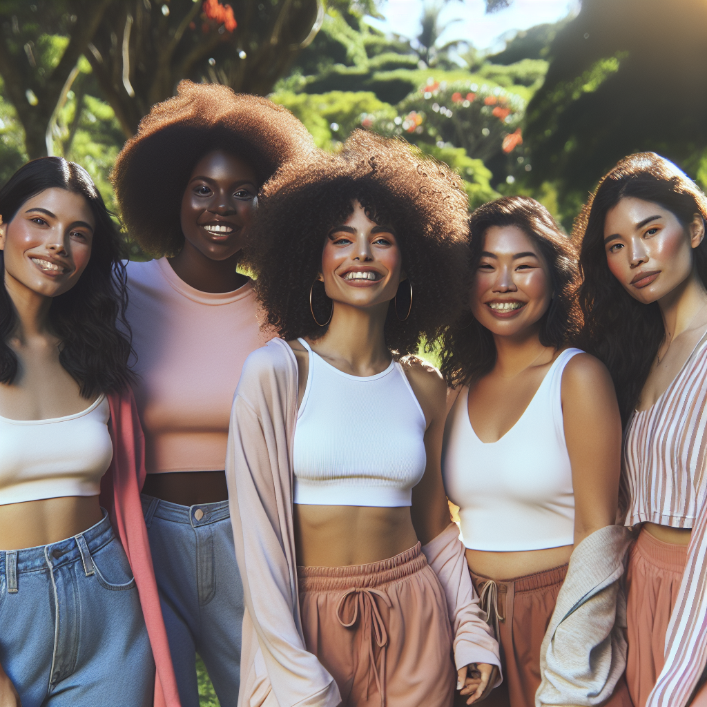 A diverse group of confident women celebrating their unique bodies in a vibrant park setting