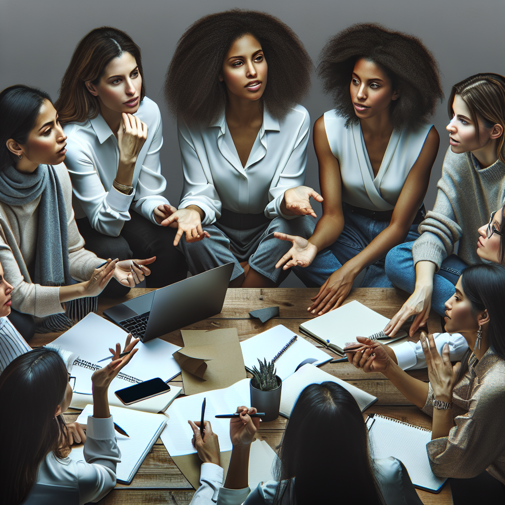 A diverse group of women engaged in a leadership workshop, discussing ideas passionately with notes and laptops around them