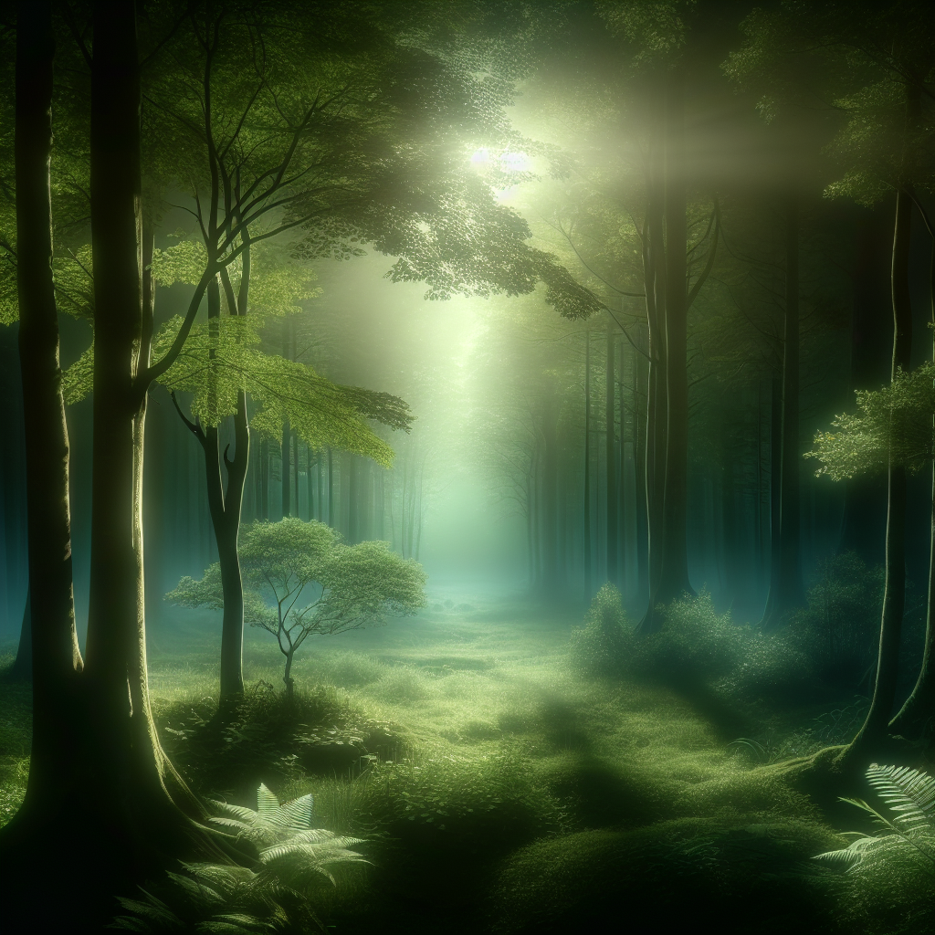 A serene landscape depicting a mystical forest with ethereal light filtering through trees, symbolizing spiritual connection and guidance