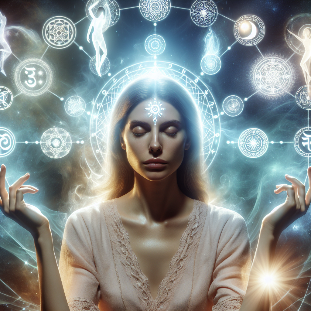 A serene meditation scene depicting a woman surrounded by ethereal light and symbols representing spirit guides