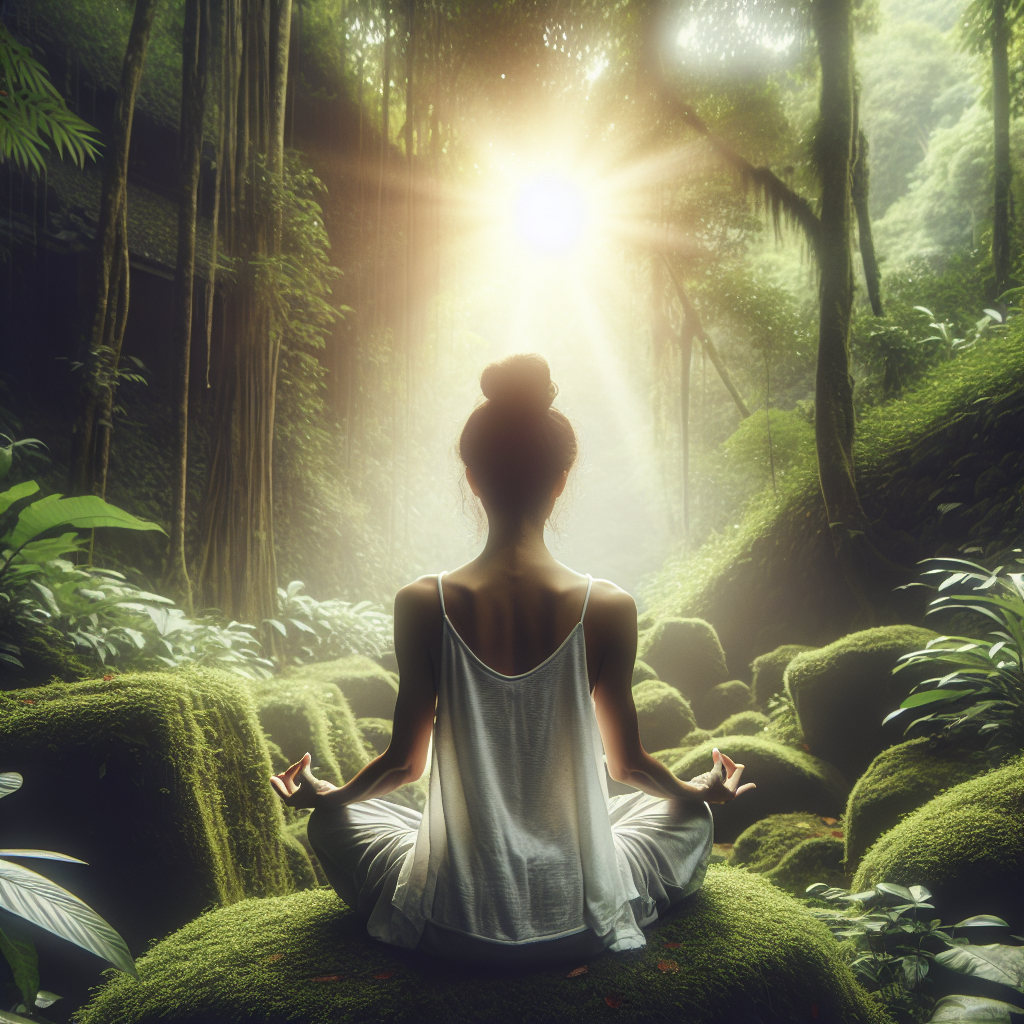 A serene meditation scene with a person sitting cross-legged in nature surrounded by soft glowing light representing spirit guides