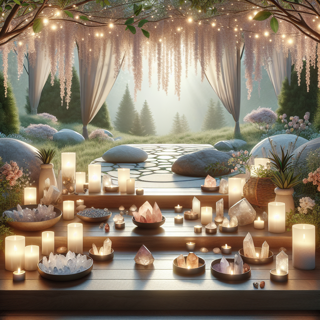 A serene meditation space with candles and crystals, surrounded by nature