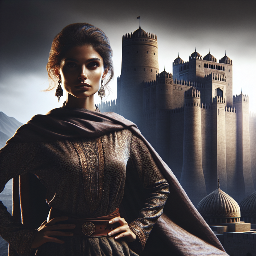 A strong woman standing confidently in front of a fortress symbolizing resilience