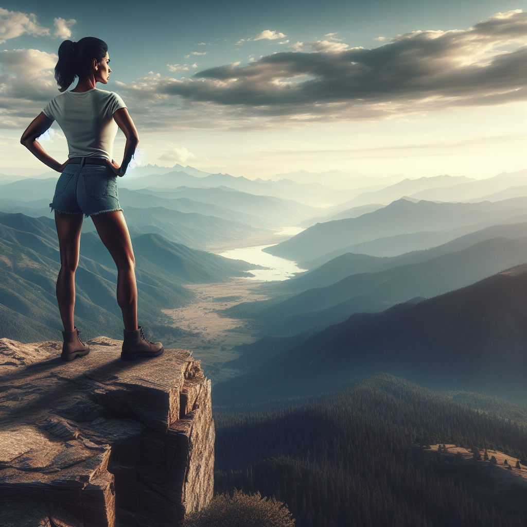 A woman standing confidently at the edge of a cliff overlooking a vast landscape, symbolizing personal growth and embracing challenges