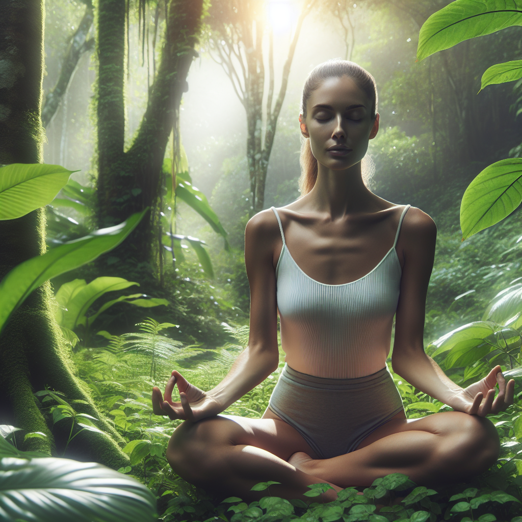 A woman practicing mindfulness in nature, surrounded by greenery and calmness