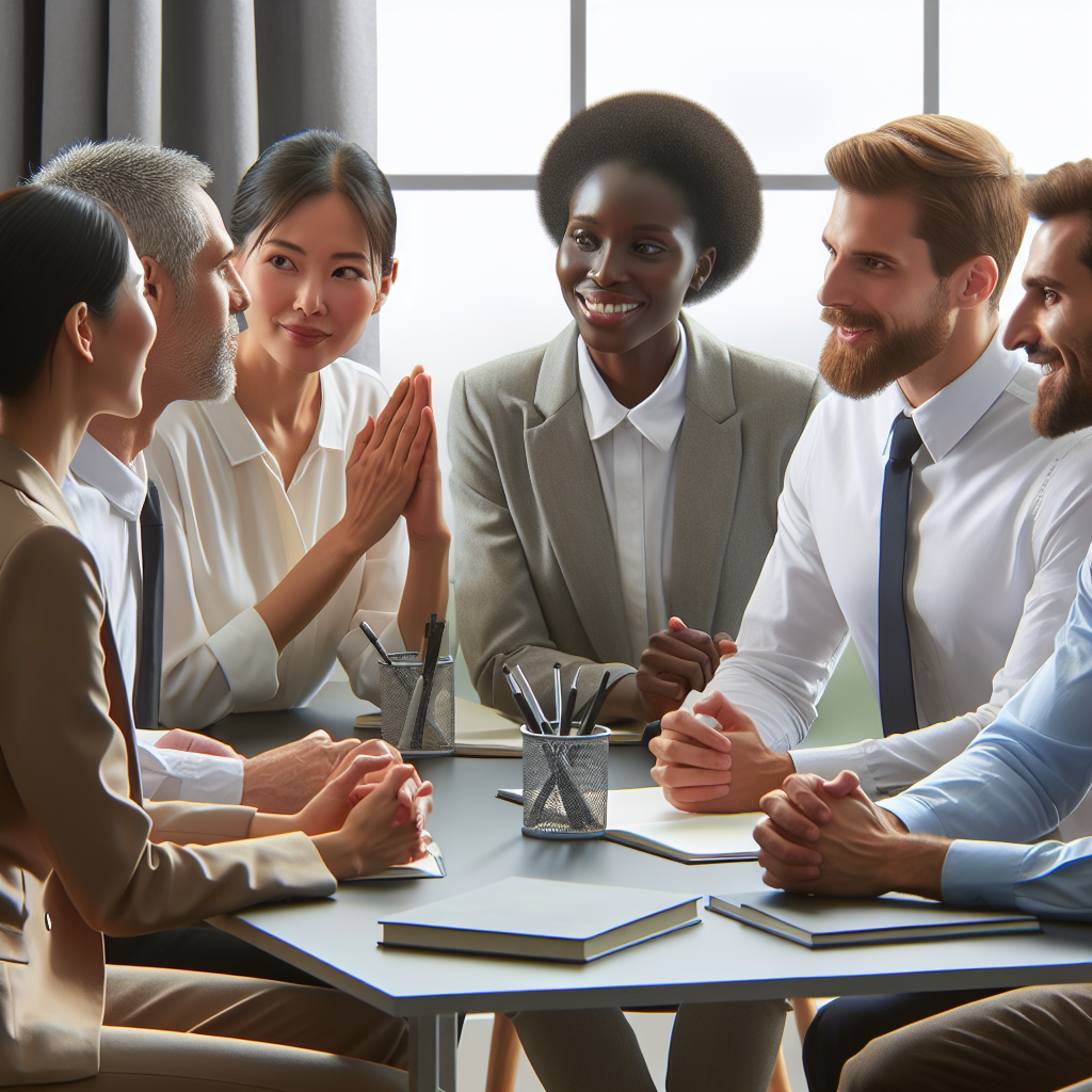 A diverse group of professionals engaging in respectful conversation at work, depicting healthy boundary setting