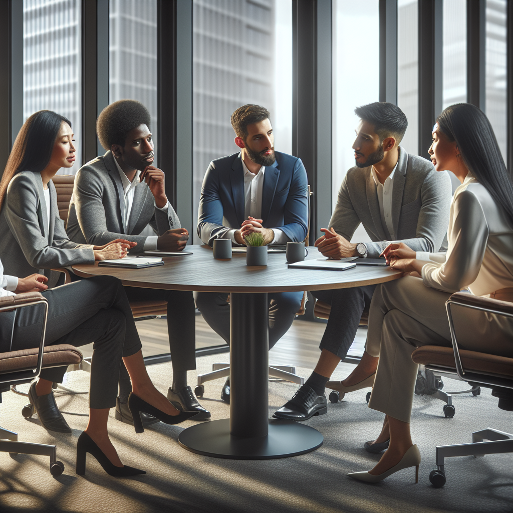 A diverse group of professionals having an open discussion in an office setting about boundaries