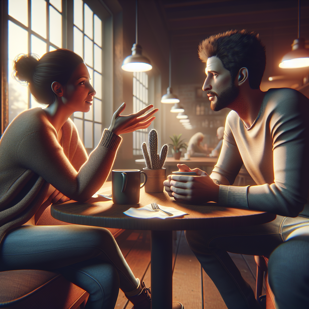 A couple having an open conversation about their relationship boundaries at a cozy cafe