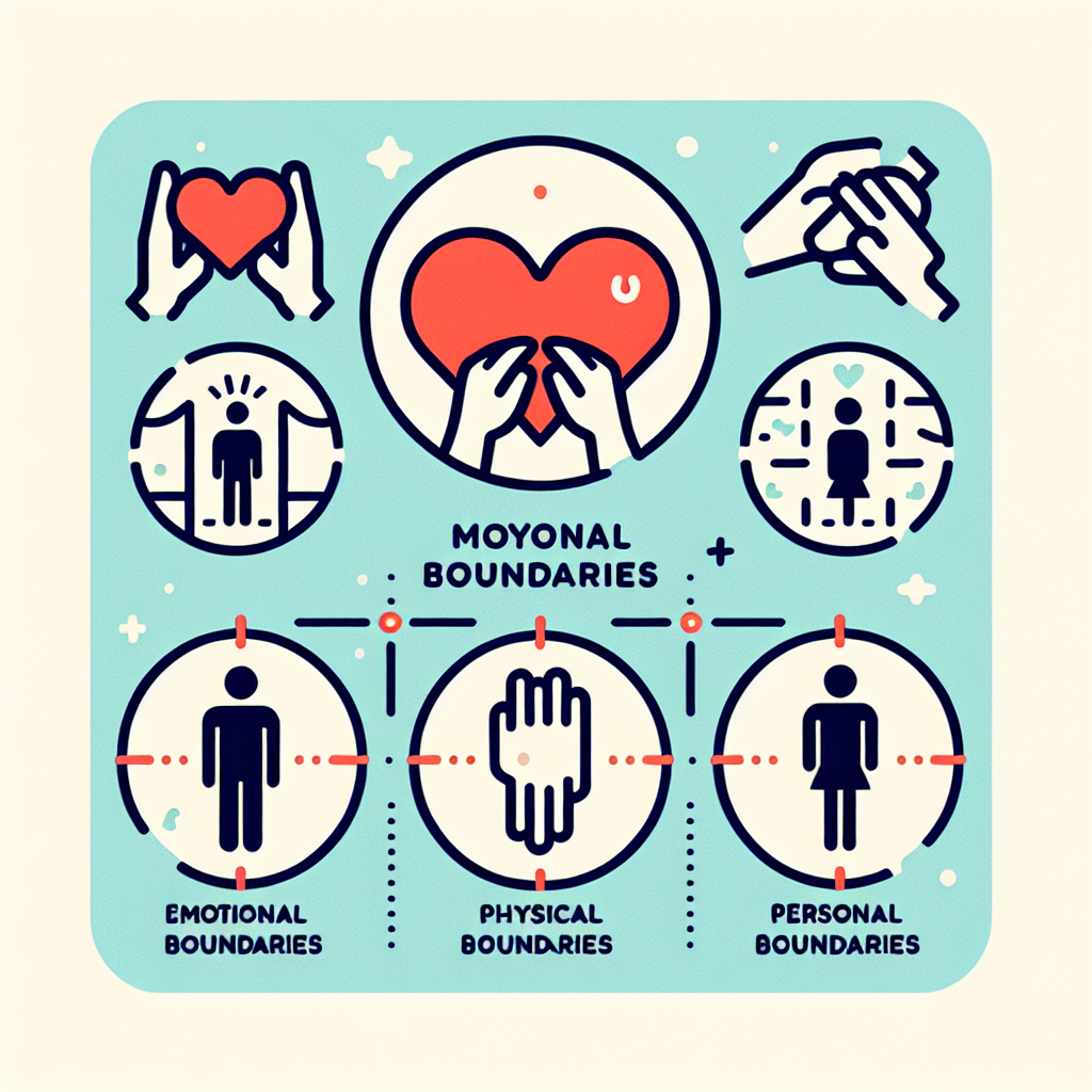 A graphic illustration showing different types of boundaries in dating, including emotional, physical, and personal boundaries, with icons representing each type