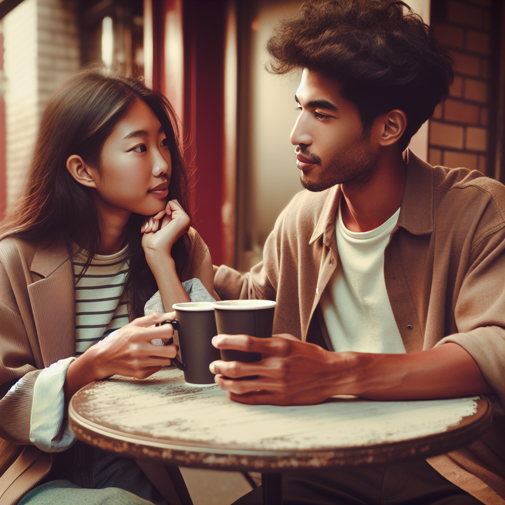 A couple sitting at a cafe having an open conversation about their relationship boundaries with coffee cups in hand.