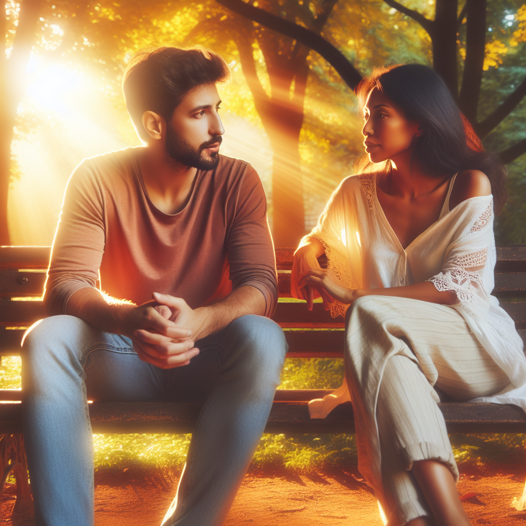 A couple sitting together on a park bench, engaging in deep conversation about their feelings and boundaries, surrounded by nature