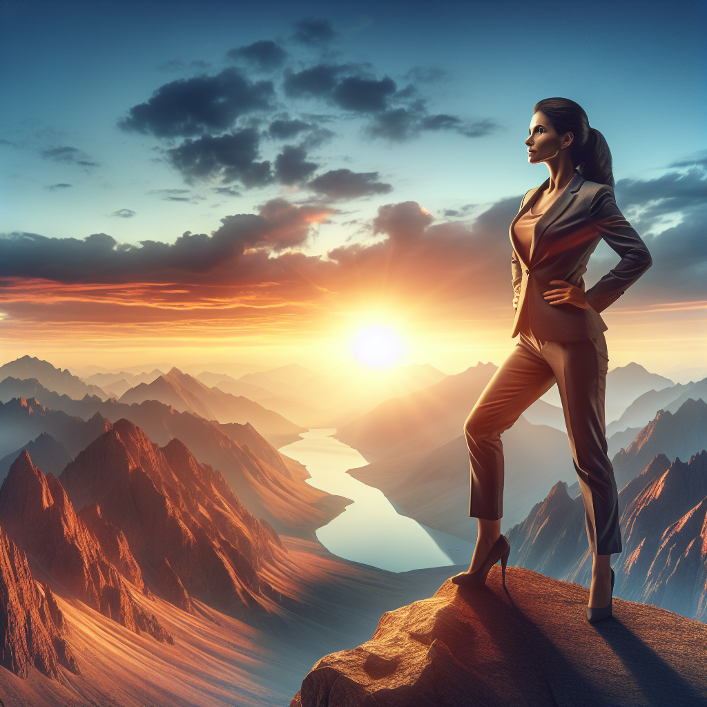 A confident woman standing tall on a mountain peak overlooking a sunrise