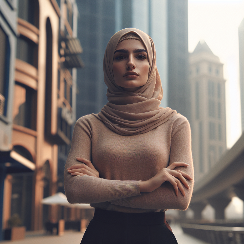 A confident woman standing tall with arms crossed in front of an urban background symbolizing empowerment
