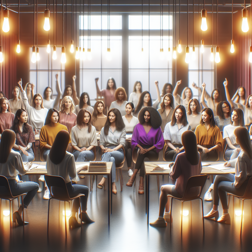 A group of diverse women participating in an empowering workshop, engaging in activities that boost their confidence, with a warm and inviting atmosphere.