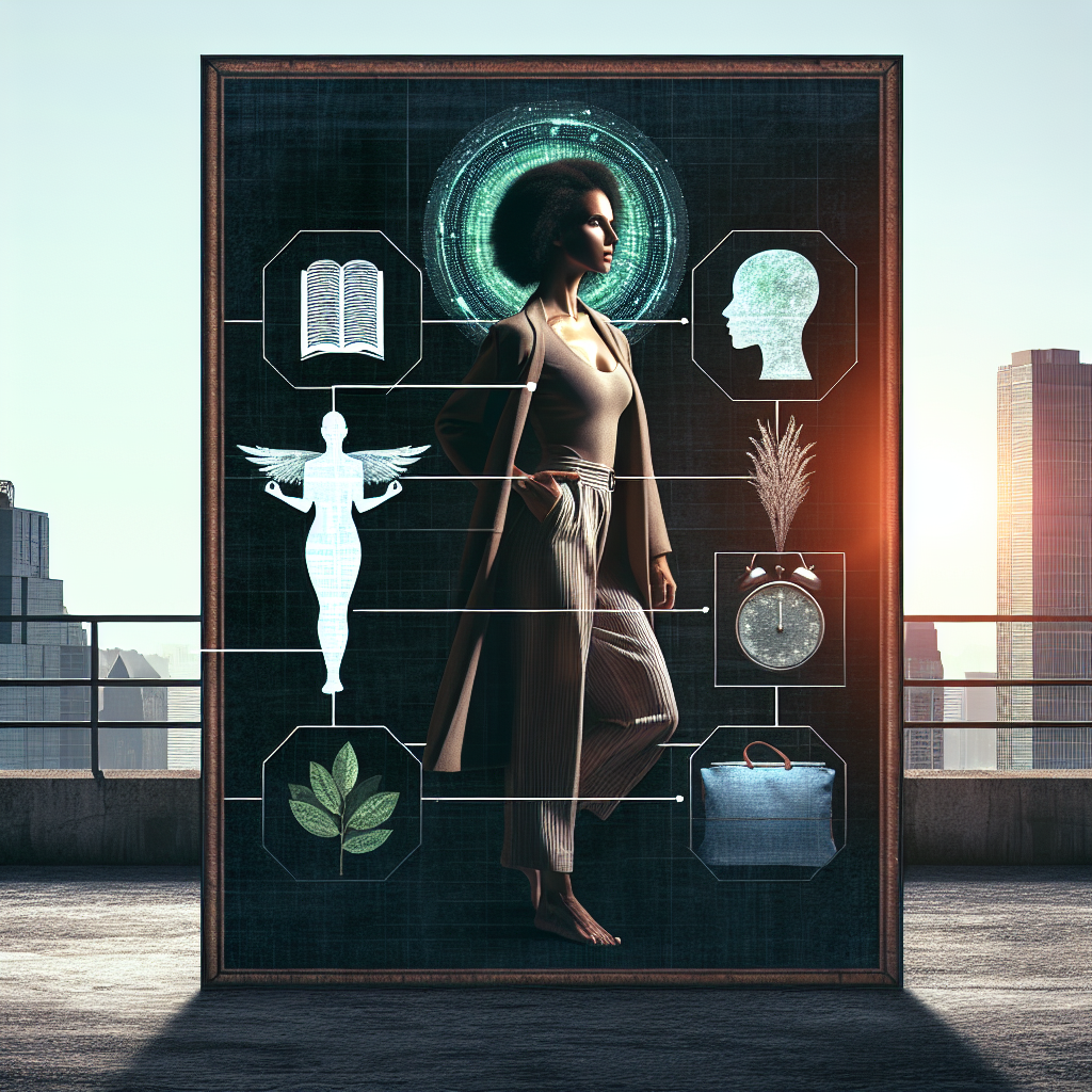 A woman confidently standing tall in an urban environment, surrounded by symbols of emotional, mental, and physical well-being like books, yoga mats, and nature